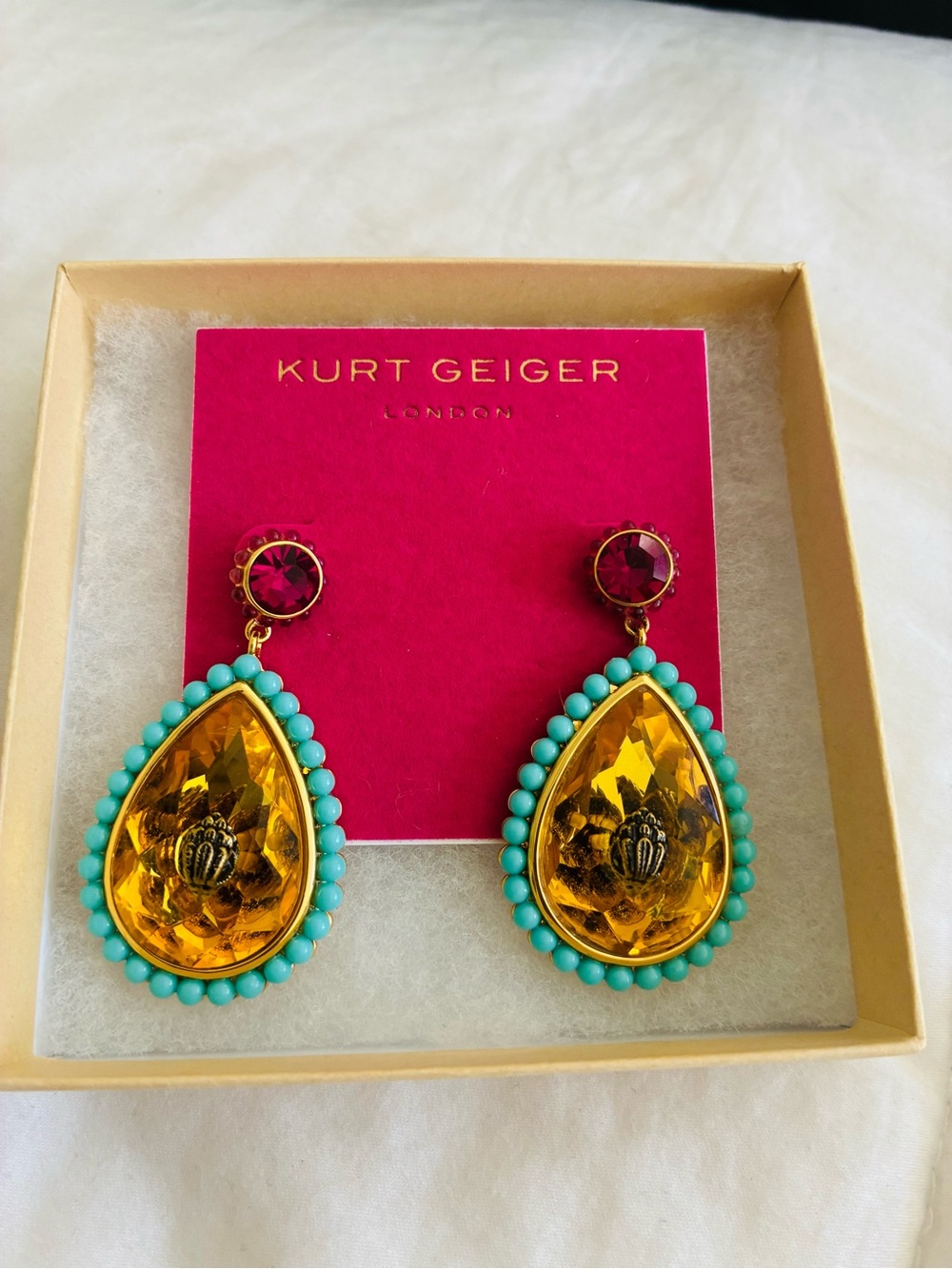 Kurt Geiger Gold and Turquoise Earrings, New, original price $178.00. - Picture 2 of 7